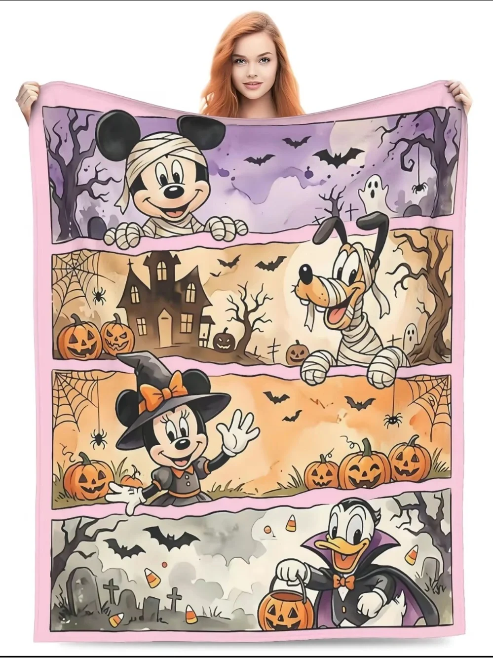 🆕-Disney Halloween Oversized Throw Blanket Mickey, Minnie, Donald & Pluto 60x80